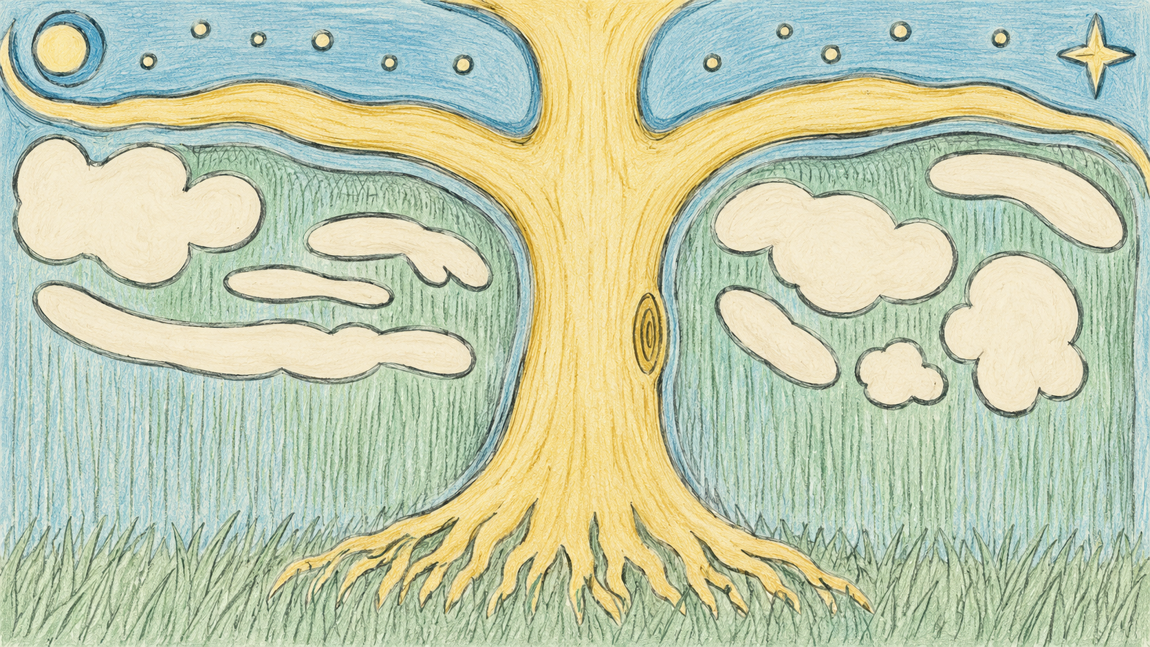 Colored pencil tree drawing with its central trunk, spreading roots, branching limbs, clouds, and stars